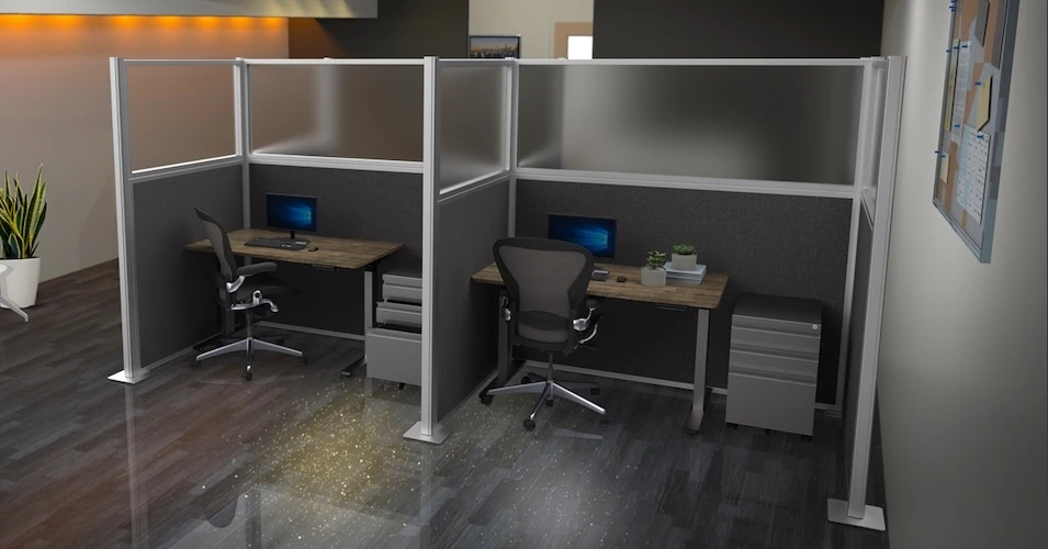 Hush Panel cubicle partitions with frosted upper panels creating two private office workstations with desks and chairs.