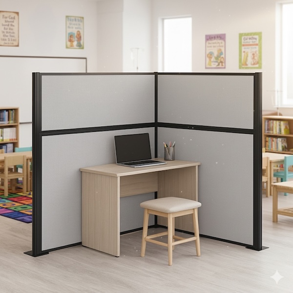 Modern classroom interior with bookshelves, study desks, and partitioned workspaces with computer desks..