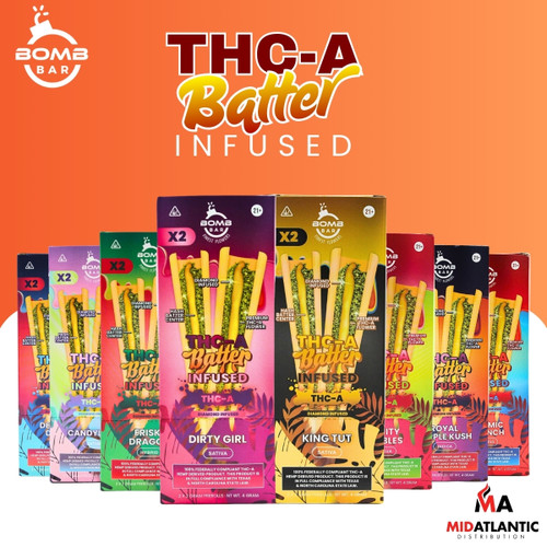 Bomb Bar X2 THCA Batter Infused 2g Pre-Rolls (2 Pre-Rolls Per Pack) *Display of 10*