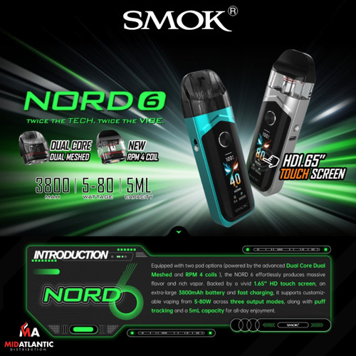 Smok Nord 6 80w Pod System 3800mAh Kit w/ 2x RPM3 Coils & 2x Replacement Pods