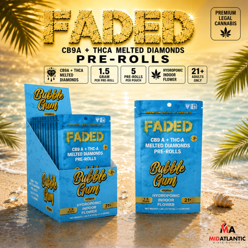 Faded THCA Melted Diamond CB9A Blend 1.5g Pre-Rolls (Pre-Priced $14.99/ 5 Pre-Rolls Per Pouch) *Display of 10*