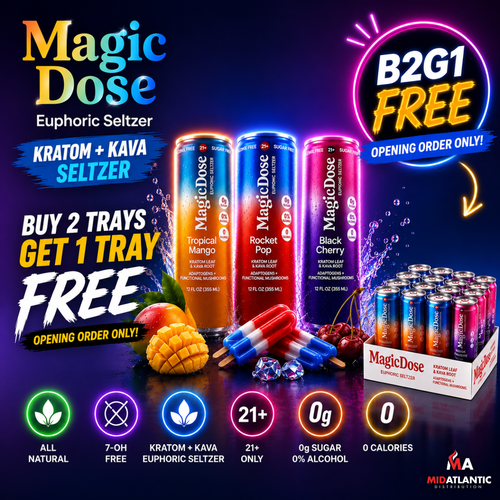 Magic Dose Euphoric Seltzer Kratom Kava Mushroom Blend 12oz Beverages *Display of 12* [Buy 2 Get 1 Free / 1st Orders ONLY]