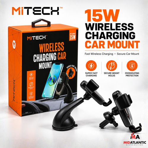 [KCDS] MiTech Wireless 15W Fast Charging Car Mount w/ Bonus Vent Mount *Case of 6*