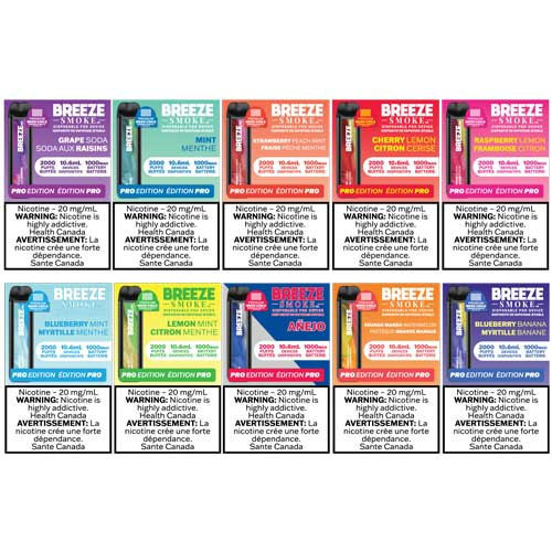 Breeze Smoke Pro 2000 Puffs 50mg TFN 6mL Disposables w/ Mesh Coil *Display of 10* Breeze Smoke Pro 2000 Puffs 50mg TFN 6mL Disposables w/ Mesh Coil *Display of 10*