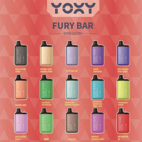 Yoxy Fury Bar 6000 50mg Rechargeable 14mL Disposable w/ Mesh Coil *Display of 10* Yoxy Fury Bar 6000 50mg Rechargeable 14mL Disposable w/ Mesh Coil *Display of 10*