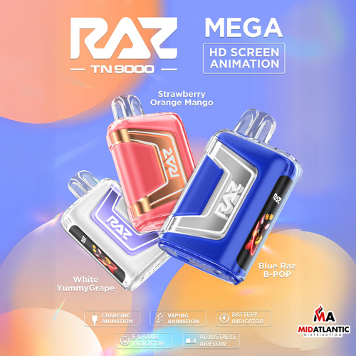 Raz TN9000 9000 Puffs 50mg 12mL Disposables w/ Adjustable Air Flow & Digital Screen *Display of 5*