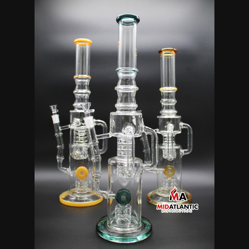 Ribbed Neck w/ Upper Shower Head Perc, Bottom Loop Perc, & Smoke Diffusers 1375g Glass 19in. Waterpipe [XT-0003]