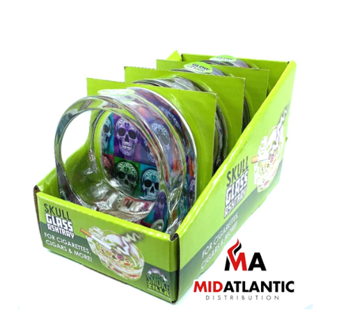 SmokeZilla Sugar Skull Glass Ashtrays (Assorted Designs) [Model#40319] *Display of 4*