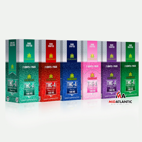 Curevana THCA 1500mg Hand Crafted Pre-Rolls Enhanced w/ Live Resin (2x 2g Pre-Rolls Per Pouch) *Display of 6 Pouches*