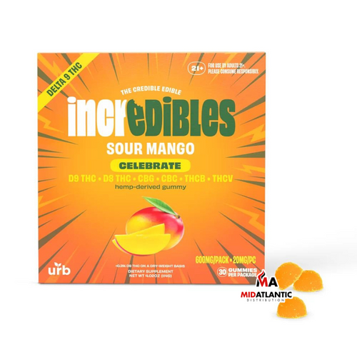 Incredibles D9 Blend 600mg Gummies (30x 20mg Gummies Per Pack) *Display of 10* - Celebrate / Sour Mango Gummies (D9 + D8 + CBG + CBC + THCB + THCV)