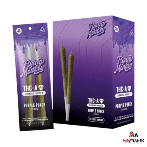 Flying Monkey 42% THCA Diamond Infused 2g Pre-Rolls (2 Pre-Rolls Per Pouch) *Display of 10* - Purple Punch (Hybrid)