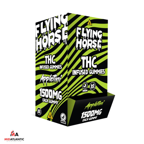 Flying Horse THC 1500mg D9 + HHC Infused Gummies (1 Gummy Per Pouch) *Dispenser Display of 60 Pouches* - Appletini

