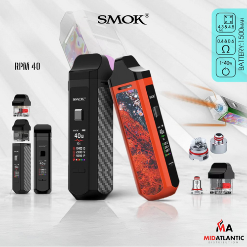 Smok RPM40 Pod System Starter Kit W/ 4.5mL & 4.3mL Refillable Pod 1500mAh Smok RPM40 Pod System Starter Kit W/ 4.5mL & 4.3mL Refillable Pod 1500mAh