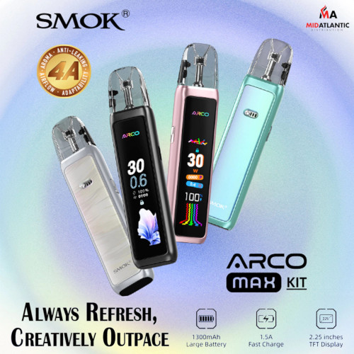 Smok Arco Max Pod System 1300mAh Kit w/ 2 Refillable 3mL Arco Replacement Pods Smok Arco Max Pod System 1300mAh Kit w/ 2 Refillable 3mL Arco Replacement Pods