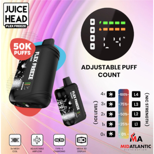 Juice Head Flex Freeze 50K Puffs 50mg 18mL Disposables w/ 3 Mesh Coils *Display of 5* Juice Head Flex Freeze 50K Puffs 50mg 18mL Disposables w/ 3 Mesh Coils *Display of 5*