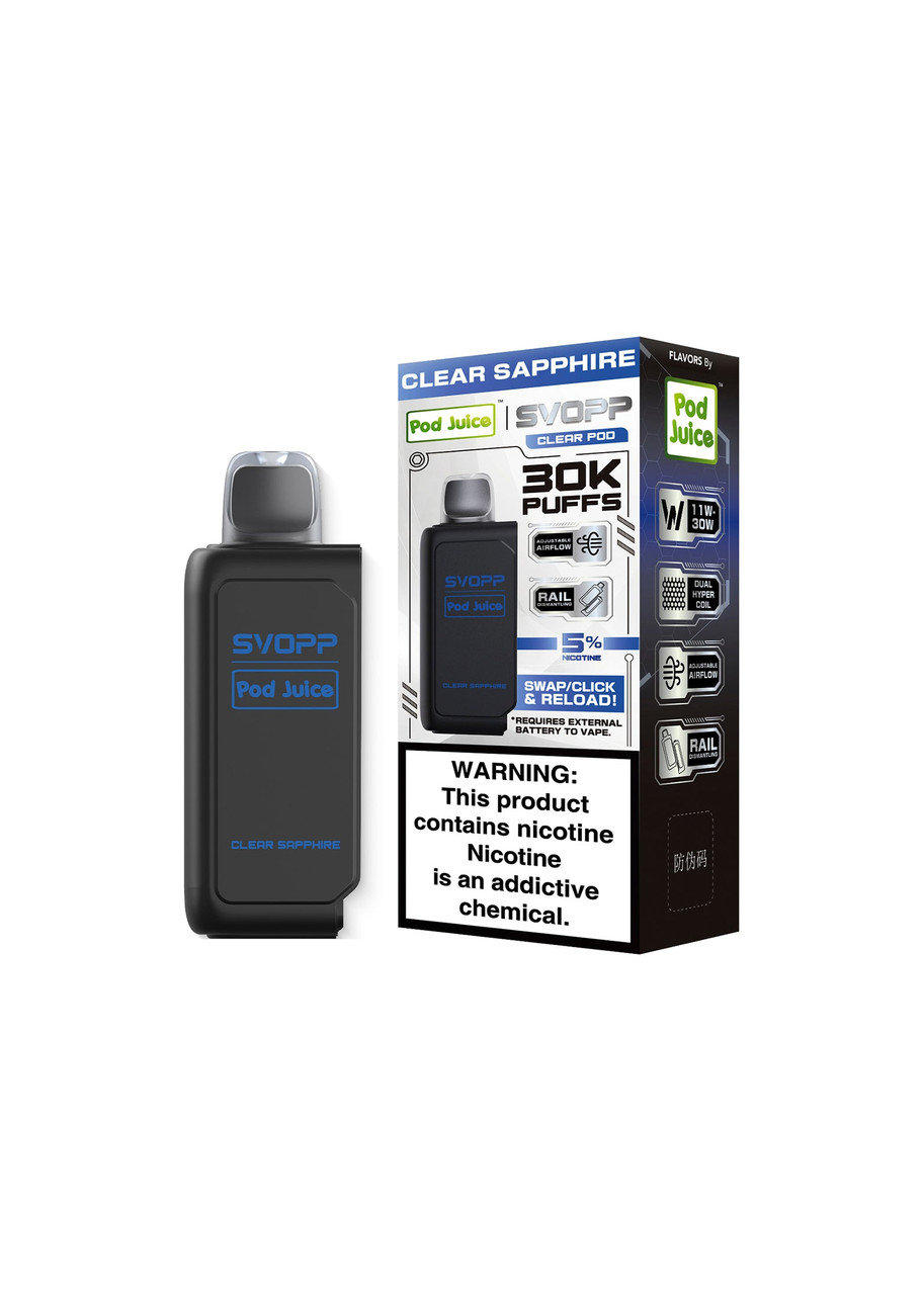 clear sapphire vape flavor Pod Juice SVOPP 30K Pod FLAVORS:LEMON MINT Mode d'emploi Kit Drag cannabis preroll packaging