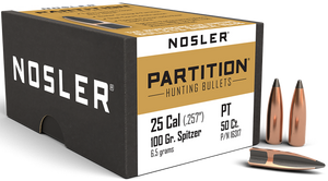 Nosler Partition Bullets 25 Caliber (257 Diameter) 100 Grain Spitzer Box of 50 Nosler Partition Bullets 25 Caliber (257 Diameter) 100 Grain Spitzer Box of 50