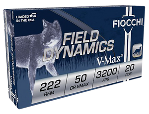 Fiocchi 222HVA Field Dynamics V-Max 222 Rem 50 gr Hornady V-Max (VMX) 20 Per Box/ 10 Cs Fiocchi 222HVA Field Dynamics V-Max 222 Rem 50 gr Hornady V-Max (VMX) 20 Per Box/ 10 Cs