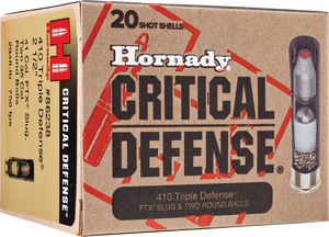 Hornady Critical Defense Ammunition 410 Bore 2-1/2" 41 Caliber FTX Slug over two 35 Caliber Lead Round Balls 20RD