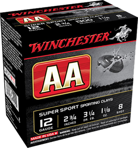 Winchester Ammo AASC128 AA Super Sport Sporting Clay 12 Gauge 2.75" 1 1/8 oz 1300 fps 8 Shot 25ea Winchester Ammo AASC128 AA Super Sport Sporting Clay 12 Gauge 2.75" 1 1/8 oz 1300 fps 8 Shot 25ea