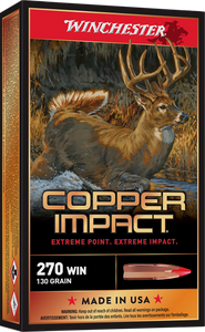 Winchester Copper Impact Ammunition 270 Winchester 130 Grain Copper Extreme Point Polymer Tip Lead-Free 20RD Winchester Copper Impact Ammunition 270 Winchester 130 Grain Copper Extreme Point Polymer Tip Lead-Free 20RD
