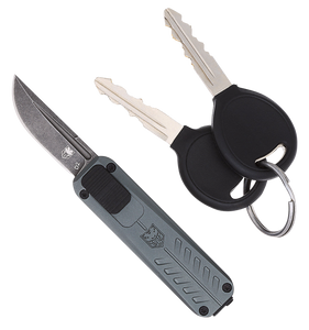 CobraTec Knives CALI928SBGRYDNS California 928SB 1.75" OTF Drop Point Plain Stonewashed D2 Steel Blade/ Gray Anodized Aluminum Handle Includes Pocket Clip/Pouch