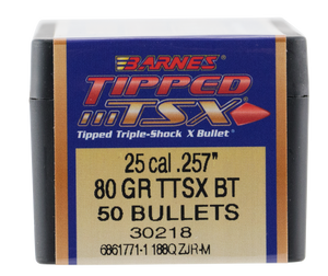 Barnes Tipped Triple-Shock X (TTSX) Bullets 25 Caliber (257 Diameter) 80 Grain Spitzer Boat Tail Lead-Free Box of 50 Barnes Tipped Triple-Shock X (TTSX) Bullets 25 Caliber (257 Diameter) 80 Grain Spitzer Boat Tail Lead-Free Box of 50