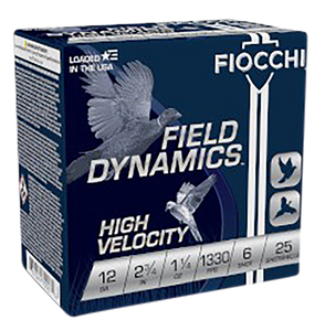Fiocchi 12HV6 Field Dynamics High Velocity 12 ga 2.75" 1 1/4 oz 1330 fps 6 Shot 25ea Fiocchi 12HV6 Field Dynamics High Velocity 12 ga 2.75" 1 1/4 oz 1330 fps 6 Shot 25ea