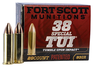 Fort Scott Munitions 38SPL080SCV Tumble Upon Impact (TUI) Self Defense 38 Special 80 gr Solid Copper Spun (SCS) 20rd Bx Fort Scott Munitions 38SPL080SCV Tumble Upon Impact (TUI) Self Defense 38 Special 80 gr Solid Copper Spun (SCS) 20rd Bx