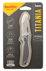 Smiths Products 51007 Titania I 2.20" Folding Drop Point Part Serrated Satin Titanium Coated Stainless Steel Blade/ Stainless Steel Handle Includes Pocket Clip Smiths Products 51007 Titania I 2.20" Folding Drop Point Part Serrated Satin Titanium Coated Stainless Steel Blade/ Stainless Steel Handle Includes Pocket Clip