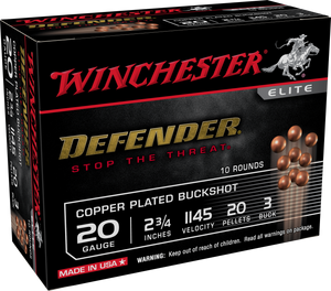 Winchester Defender Ammunition 20 Gauge 2-3/4" #3 Plated Buckshot 20 Pellets Box of 10 Winchester Defender Ammunition 20 Gauge 2-3/4" #3 Plated Buckshot 20 Pellets Box of 10