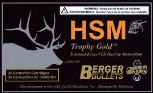 HSM Trophy Gold Ammunition 300 Remington Ultra Magnum 185 Grain Berger Hunting VLD Hollow Point Boat Tail 20RD HSM Trophy Gold Ammunition 300 Remington Ultra Magnum 185 Grain Berger Hunting VLD Hollow Point Boat Tail 20RD