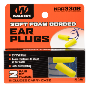Walker's Corded Foam Ear Plugs (NRR 32 dB) with Plastic Carry Case 2 Pairs Neon Yellow Walker's Corded Foam Ear Plugs (NRR 32 dB) with Plastic Carry Case 2 Pairs Neon Yellow