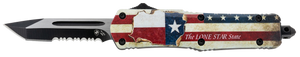 Templar Knife STX531 Texan Gen II Small 2.25" OTF Tanto Part Serrated Black Oxide Stonewashed 440C SS Blade/ 4.31" Texas Flag Aluminum Handle Features Glass Breaker Includes Pocket Clip/Sheath Templar Knife STX531 Texan Gen II Small 2.25" OTF Tanto Part Serrated Black Oxide Stonewashed 440C SS Blade/ 4.31" Texas Flag Aluminum Handle Features Glass Breaker Includes Pocket Clip/Sheath