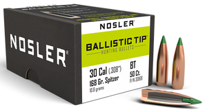 Nosler 30168 Ballistic Tip Hunting 30 Caliber .308 168 GR Spitzer 50 Per Box Nosler 30168 Ballistic Tip Hunting 30 Caliber .308 168 GR Spitzer 50 Per Box