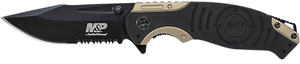 Smith & Wesson Knives SWP13BSCP M&P3.50" Folding Drop Point Part Serrated Stonewashed 8Cr13MoV SS Blade/Black & Tan Aluminum Handle Includes Pocket Clip Smith & Wesson Knives SWP13BSCP M&P3.50" Folding Drop Point Part Serrated Stonewashed 8Cr13MoV SS Blade/Black & Tan Aluminum Handle Includes Pocket Clip