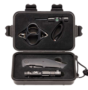Browning 3220288 Outdoorsman Survival Kit 3.50" Folding Drop Point Plain Black Stonewashed 8Cr13MoV SS Blade/Black G10 Handle Includes Storage Case/Flashlight/Wire Saw/Fire Flint/Compass/Whistle