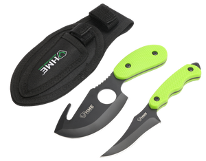 HME HMEKN2PSGC Skinning Kit3.50" Fixed Skinner w/Gut Hook/Caping Plain/Gut Hook Black Oxide 420HC Blade TPR Green Handle HME HMEKN2PSGC Skinning Kit3.50" Fixed Skinner w/Gut Hook/Caping Plain/Gut Hook Black Oxide 420HC Blade TPR Green Handle