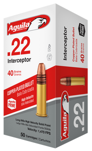 Aguila Interceptor Ammunition 22 Long Rifle 40 Grain Plated Lead Round Nose Aguila Interceptor Ammunition 22 Long Rifle 40 Grain Plated Lead Round Nose