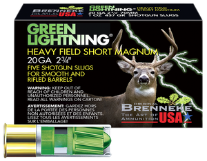 Brenneke USA Green Lightning Heavy Field Short Magnum Ammunition 20 Gauge 2-3/4" 1 oz Lead Rifled Slug Box of 5 Brenneke USA Green Lightning Heavy Field Short Magnum Ammunition 20 Gauge 2-3/4" 1 oz Lead Rifled Slug Box of 5