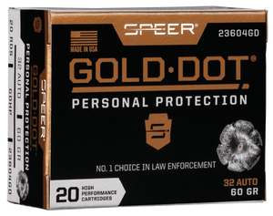Speer 23604GD Gold Dot Personal Protection 32 ACP 60 gr Hollow Point (HP) 20 Per Box/10 Cs Speer 23604GD Gold Dot Personal Protection 32 ACP 60 gr Hollow Point (HP) 20 Per Box/10 Cs
