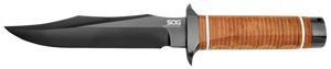 S.O.G SOGSB1TL Super SOG7.50" Fixed Bowie Plain Black Hardcased TiCN AUS-8A SS Blade Brown Stacked Leather Washers w/Cross Guard Handle Includes Sheath