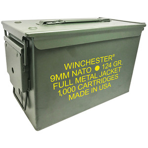 Winchester USA 9mm NATO 1000rd Ammo 124 Grain Full Metal Jacket 1 Ammo Can