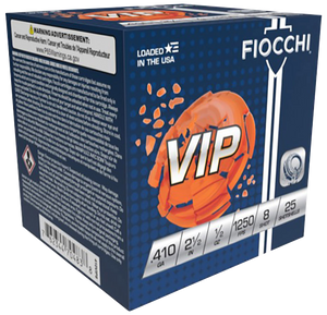 Fiocchi 410VIP8 Exacta Target VIP 410 Gauge 2.50" 1/2 oz 1250 fps 8 Shot 25ea Fiocchi 410VIP8 Exacta Target VIP 410 Gauge 2.50" 1/2 oz 1250 fps 8 Shot 25ea