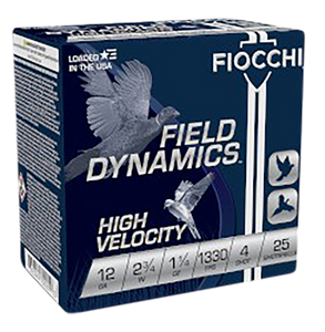 Fiocchi 12HV4 Field Dynamics High Velocity 12 ga 2.75" 1 1/4 oz 1330 fps 4 Shot 25ea Fiocchi 12HV4 Field Dynamics High Velocity 12 ga 2.75" 1 1/4 oz 1330 fps 4 Shot 25ea