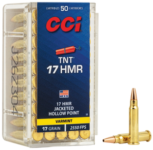 CCI 0053 Varmint TNT 17 HMR 17 gr 2550 fps Jacketed Hollow Point (JHP) 50 Bx/40 Cs CCI 0053 Varmint TNT 17 HMR 17 gr 2550 fps Jacketed Hollow Point (JHP) 50 Bx/40 Cs