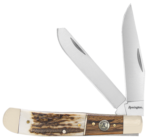 Remington Accessories 15652 Guide Trapper Folding Stainless Steel Blade Brown/White/Silver w/Remington Shield Stag Bone/Nickle Handle Remington Accessories 15652 Guide Trapper Folding Stainless Steel Blade Brown/White/Silver w/Remington Shield Stag Bone/Nickle Handle