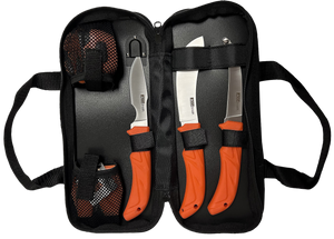 AccuSharp 738C Processing KitFixed Butcher/Caping/Gutting Plain Stainless Steel Blades/Blaze Orange Non-Slip Grip 6 Piece Includes Nylon Case AccuSharp 738C Processing KitFixed Butcher/Caping/Gutting Plain Stainless Steel Blades/Blaze Orange Non-Slip Grip 6 Piece Includes Nylon Case
