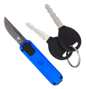 CobraTec Knives CALI928SBBLUDNS California 928SB 1.75" OTF Drop Point Plain Stonewashed D2 Steel Blade/ Blue Anodized Aluminum Handle Includes Pocket Clip/Pouch