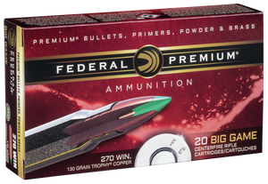 Federal Premium Ammunition 270 Winchester 130 Grain Trophy Copper Tipped Boat Tail Lead-Free 20RD Federal Premium Ammunition 270 Winchester 130 Grain Trophy Copper Tipped Boat Tail Lead-Free 20RD